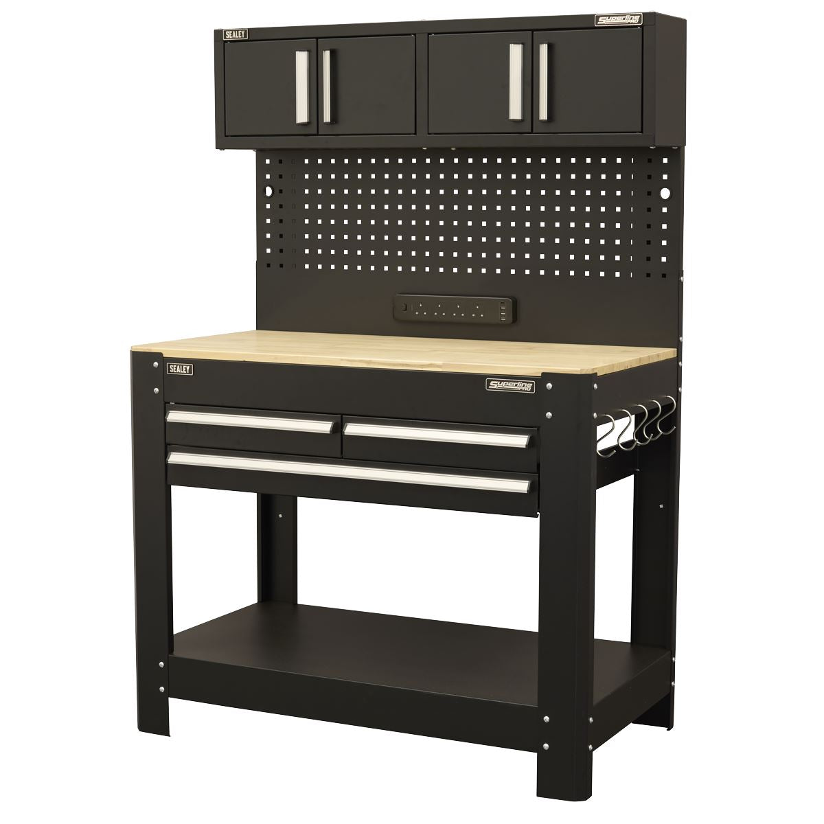 Sealey Superline Pro Workbench w/ Pegboard Back Panel, Power Bar, Wooden Worktop
