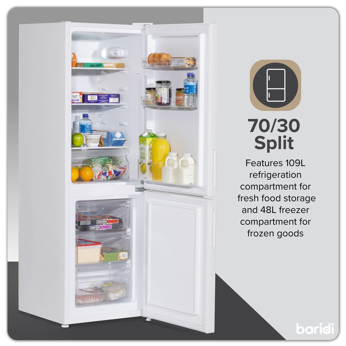 Baridi 70/30 Low Frost Fridge Freezer 157L Capacity - White DH252