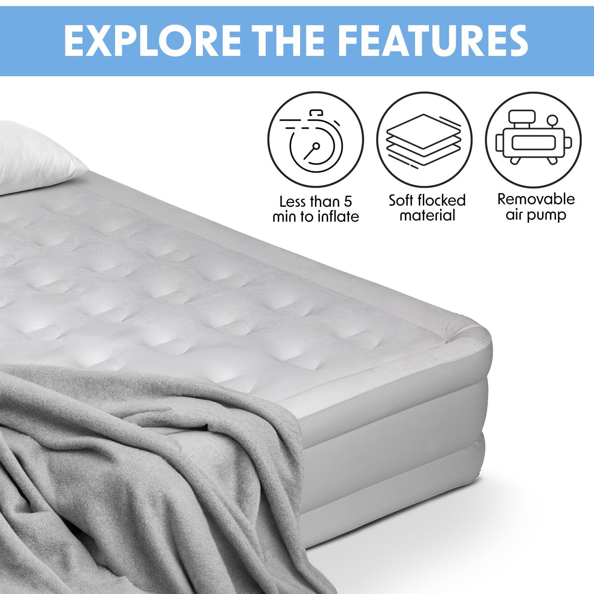 Sealey Dellonda, Queen, Inflatable High Raised Flocked Air Bed, with Removable Rapid-Air Electric Pump, Carry Bag, Self Inflation/Deflation and Coil Beam Construction, For Home and Camping, 203x157x47cm, DL145 DL145