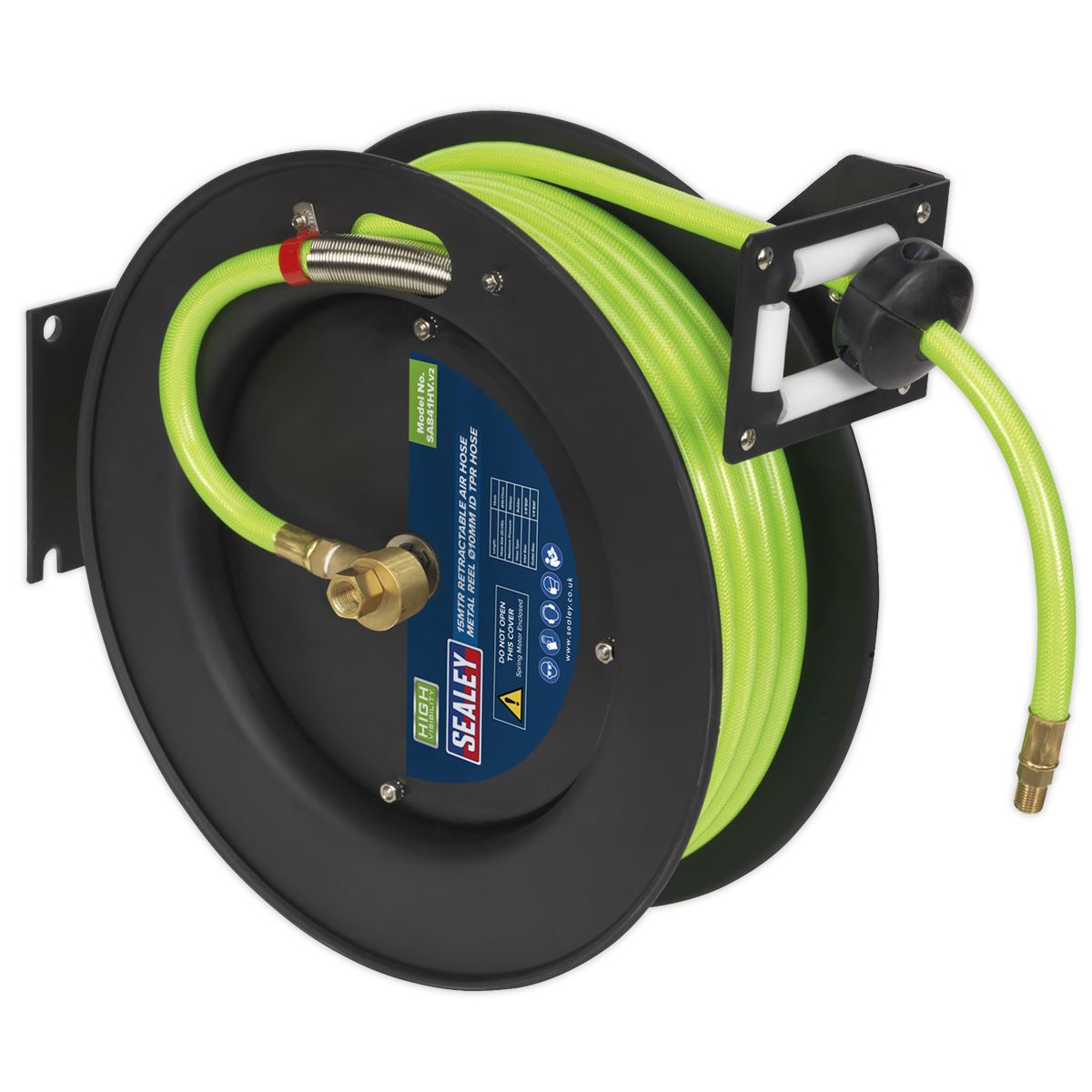 Sealey Retractable Air Hose Metal Reel 15m 10mm ID Hi-Vis TPR SA841HV