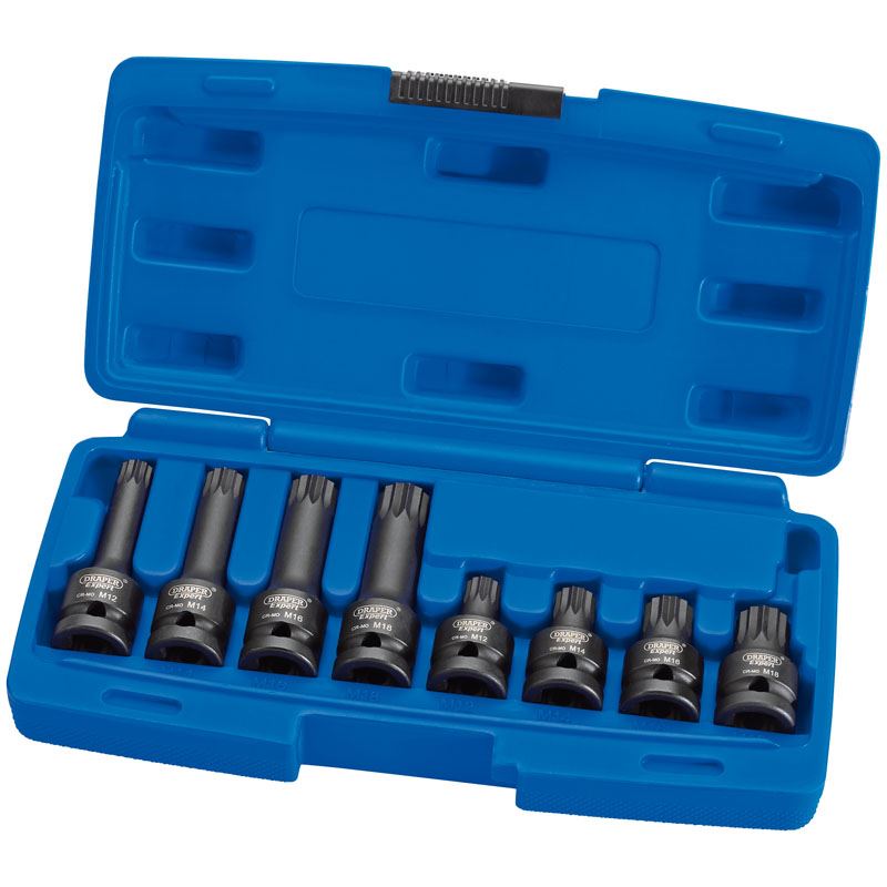 Draper 49460 8 Piece 1/2" Drive Impact Tamperproof Spline Set, M12,M14,M16,M18