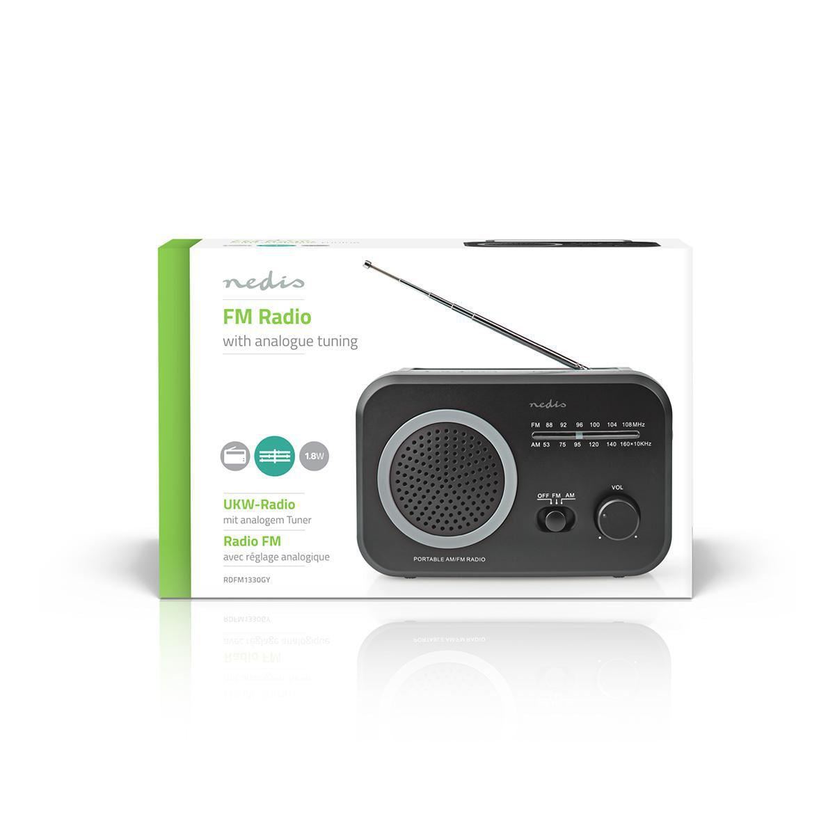 Nedis FM Radio Portable AM/FM Battery Powered/Mains Powered Analogue 1.8W - RDFM1330GY