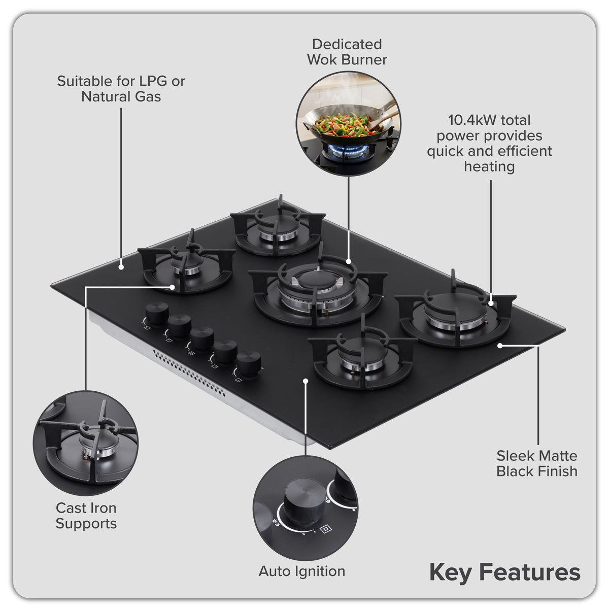 Baridi 70cm Gas Hob Matt Black with 5 Burners Cast Iron Supports & Auto Ignition