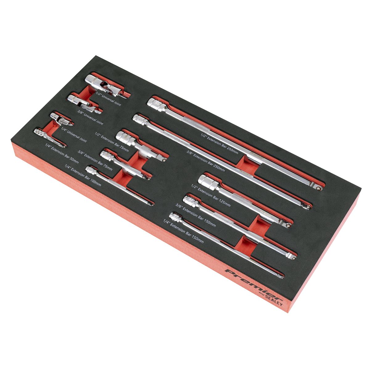 Sealey Premier Wobble Extension Bar Set & Tool Tray 1/4", 3/8" & 1/2"Sq Dr 12pc