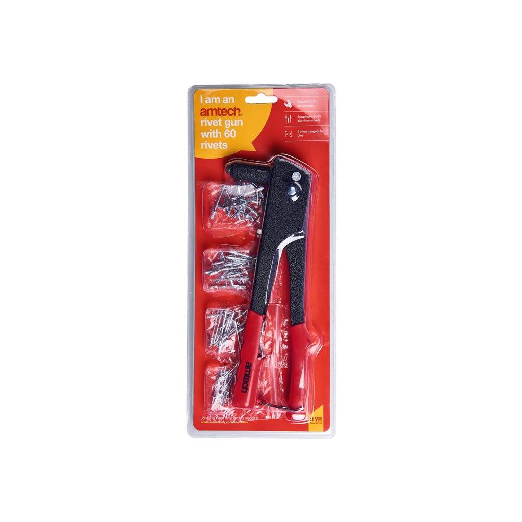 Rivet Pop Gun 60 Assorted Rivets 4 Nozzles 3/32" 1/8" 5/32" 3/16" Riveter Kit - B3400