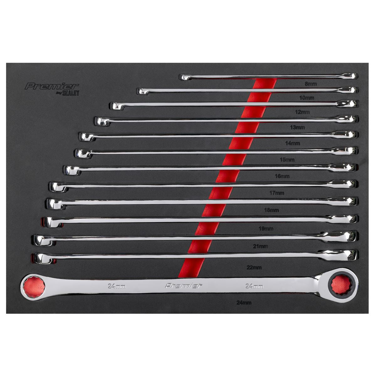 Sealey Premier Extra-Long Double Ring Ratchet/Fixed Spanner Set 13pc AK63190