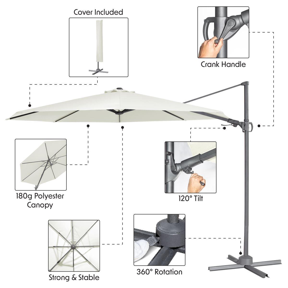 Dellonda Cantilever Parasol with 360� Rotation, Tilt & Cover 3m - Cream DG268