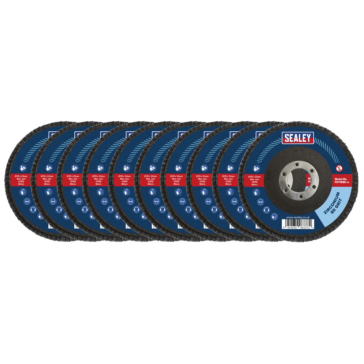 Sealey 80Grit Flap Discs Zirconium 115mm 22mm Bore - Pack of 10 FD1158010
