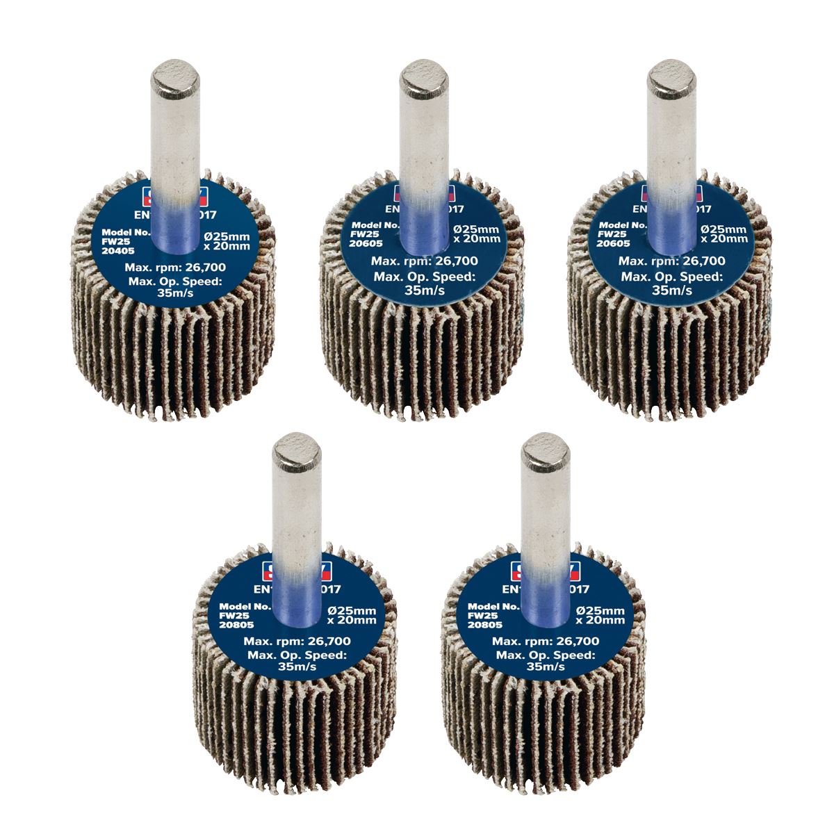 Sealey Abrasive Flap Wheel 25 x 20mm 6mm Shaft Assorted Grit - Pack of 5 FW2520ASS