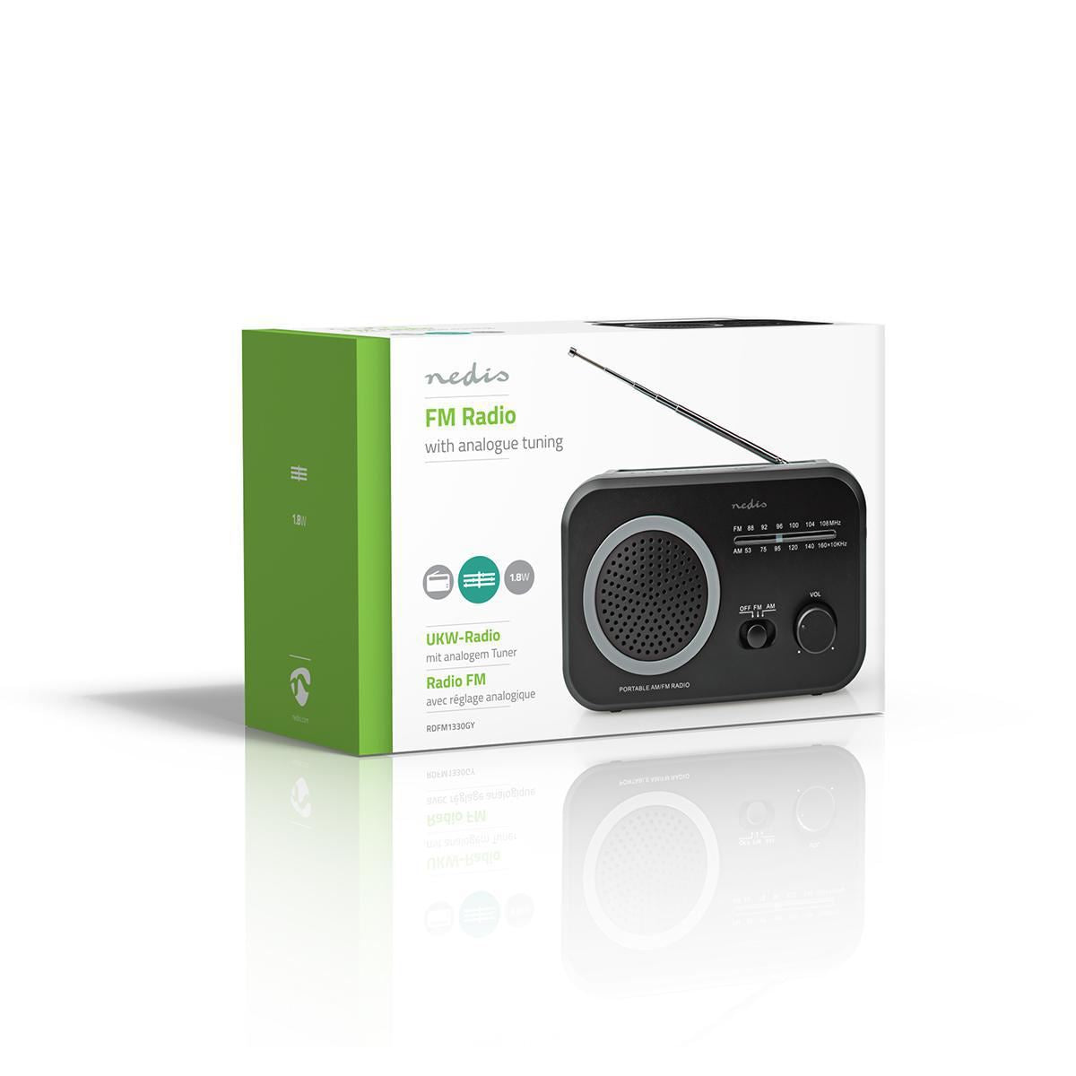 Nedis FM Radio Portable AM/FM Battery Powered/Mains Powered Analogue 1.8W - RDFM1330GY