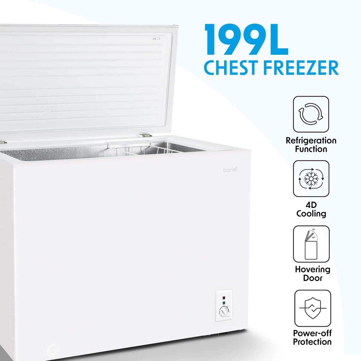 Sealey Baridi Freestanding Chest Freezer, 199L Capacity, Garages and Outbuilding Safe, -12 to -24�C Adjustable Thermostat with Refrigeration Mode, White DH111