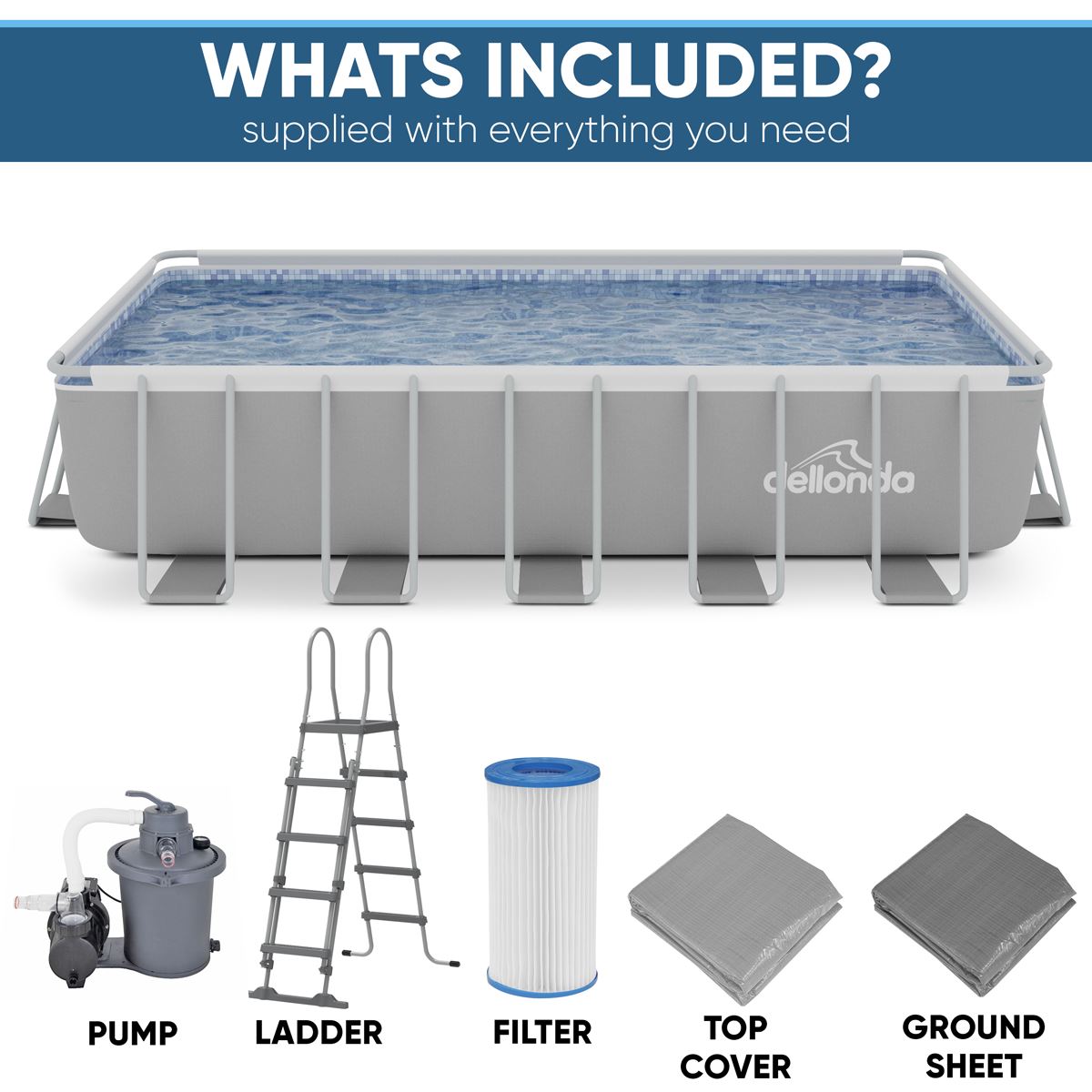 Dellonda 21ft Deluxe Rectangular Swimming Pool, Step Ladder Pool & Ground Covers
