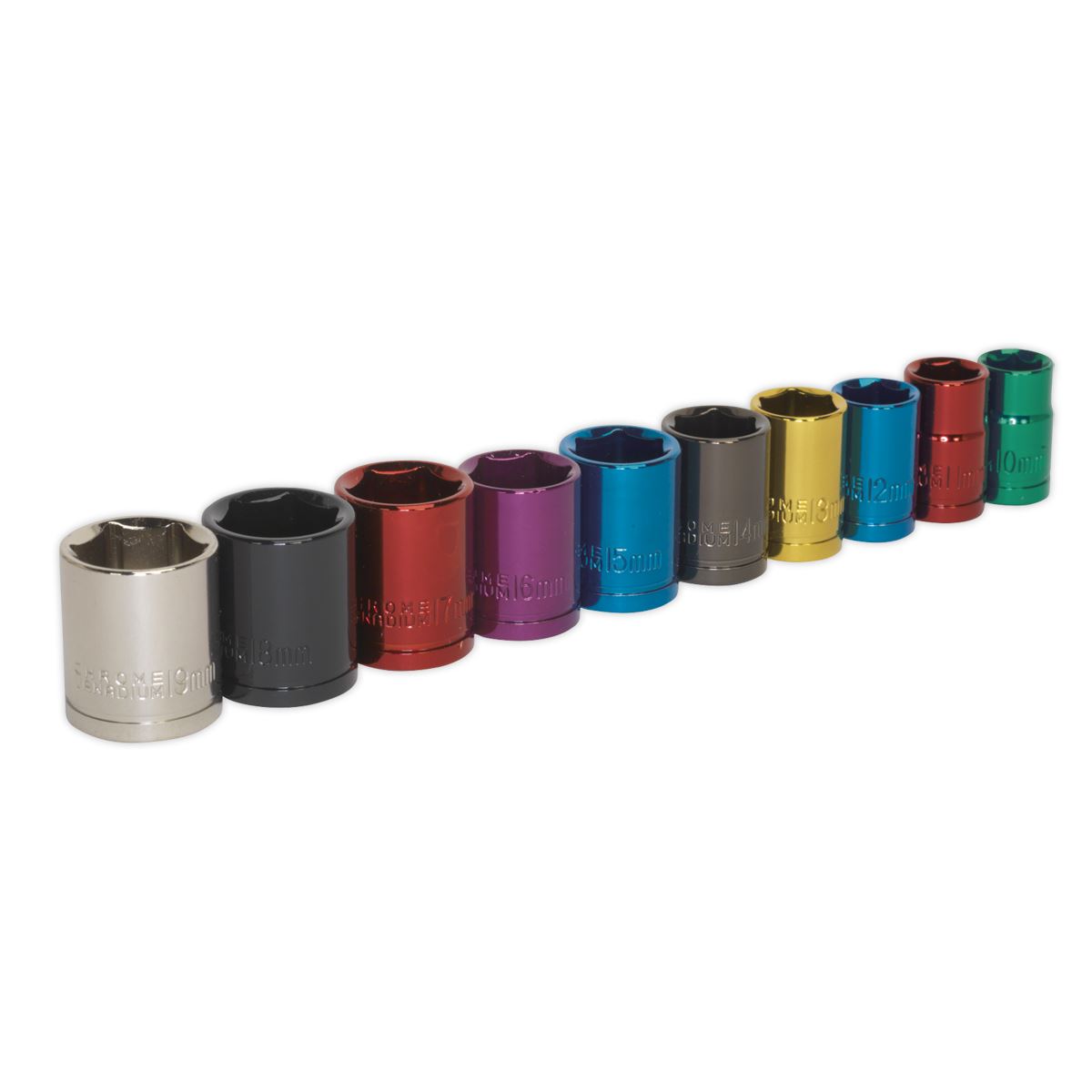 Sealey Multi-Colour Socket Set 10pc 3/8"Sq Dri 6pt WallDrive Metric AK285