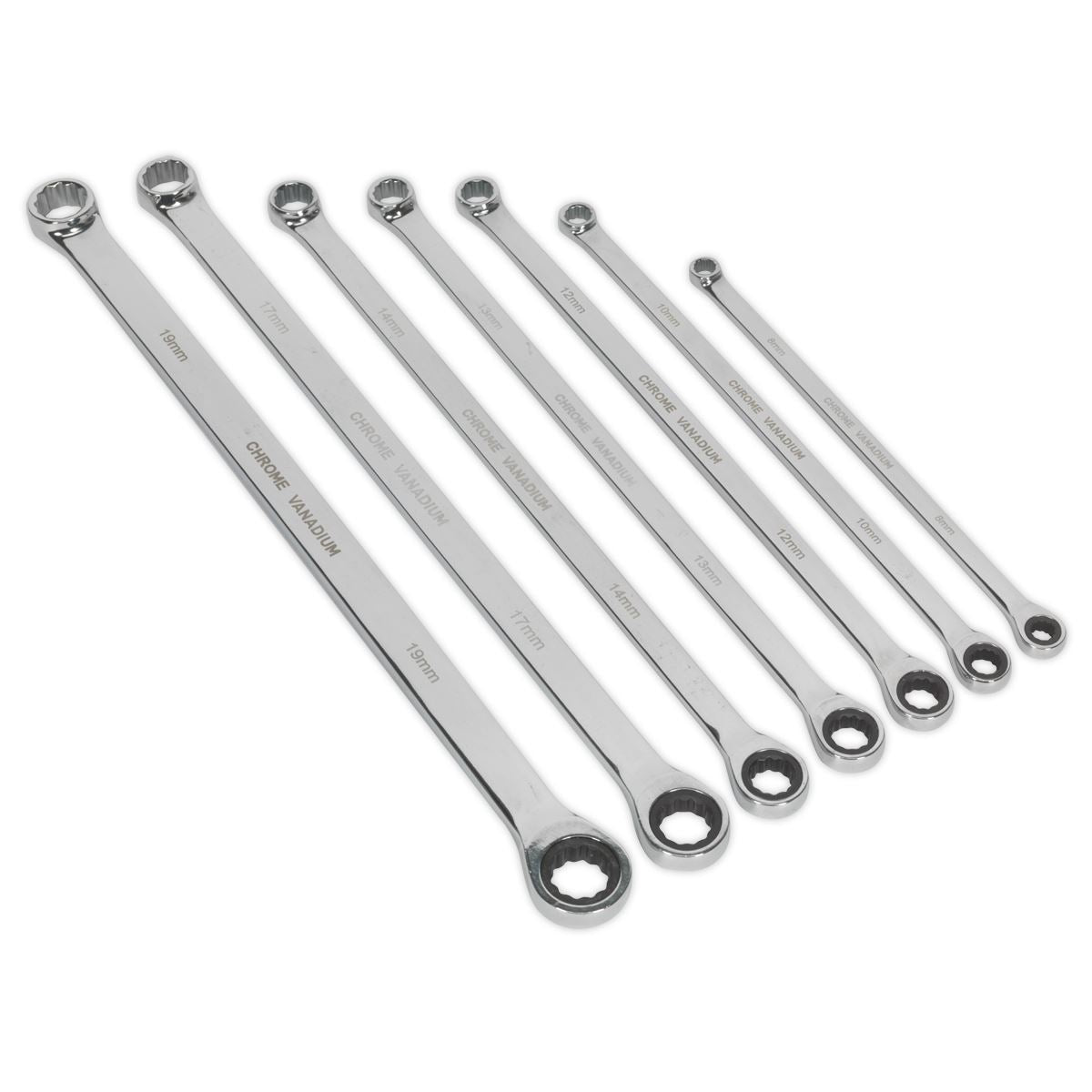 Sealey Double Ring Ratchet/Fixed Spanner Set 7pc Extra-Long Metric AK6319