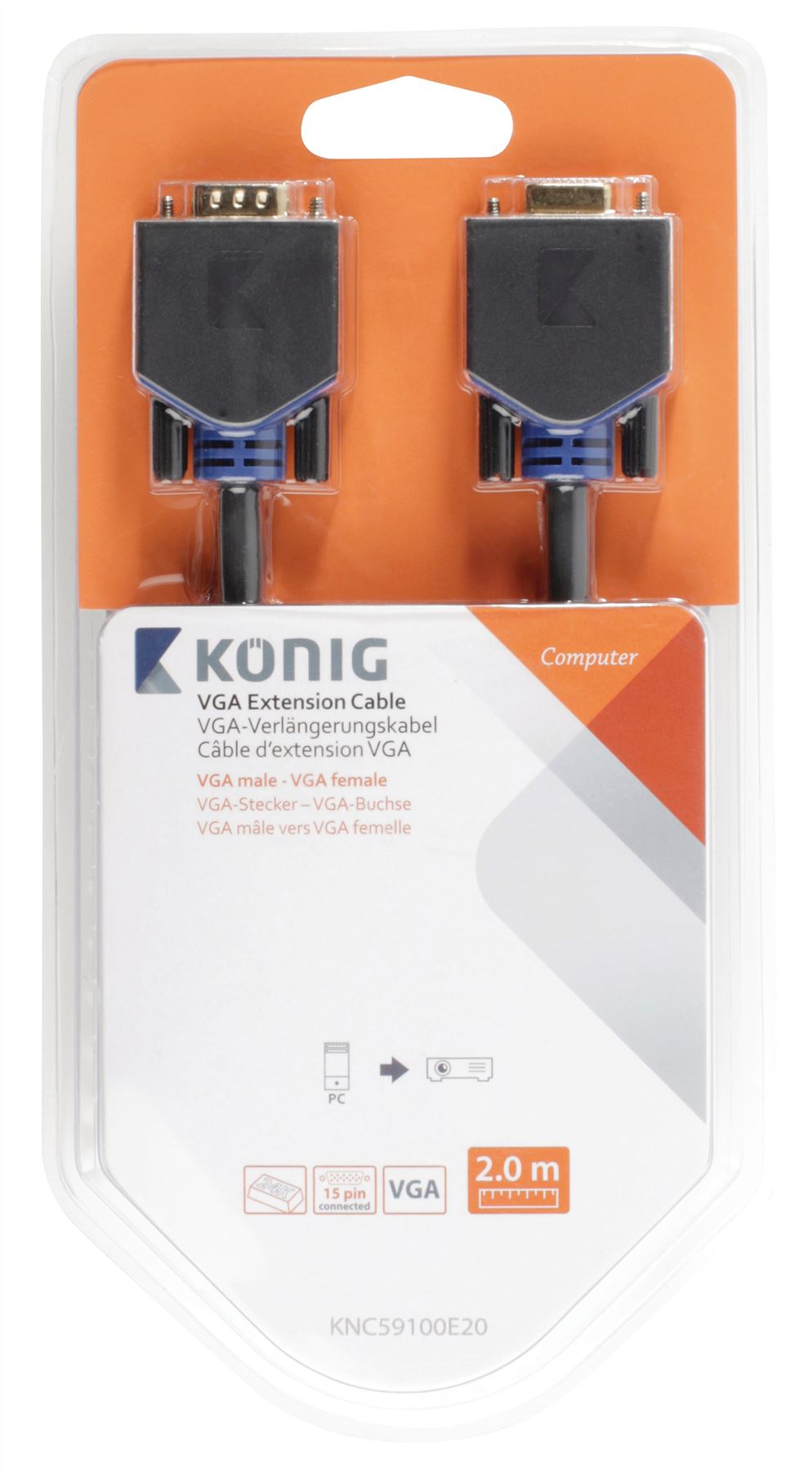 Konig VGA extension cable VGA male to female 2m grey