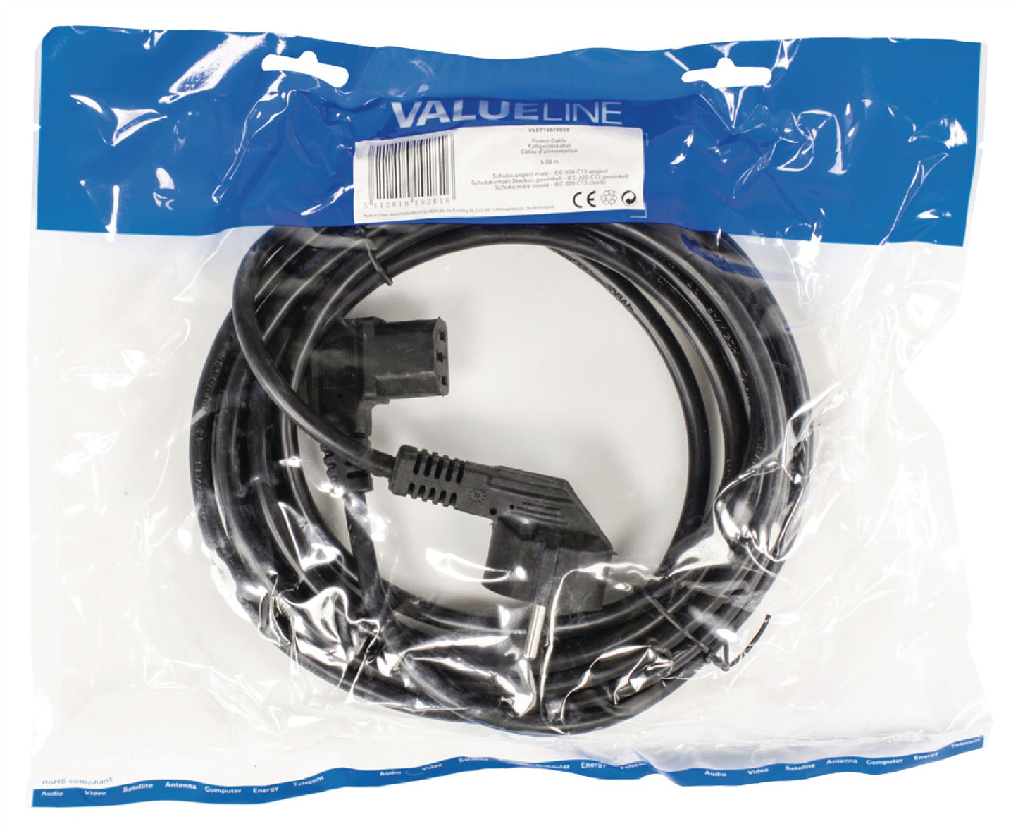 Valueline Power cable Schuko angled male to IEC-320-C13 angled 5m black