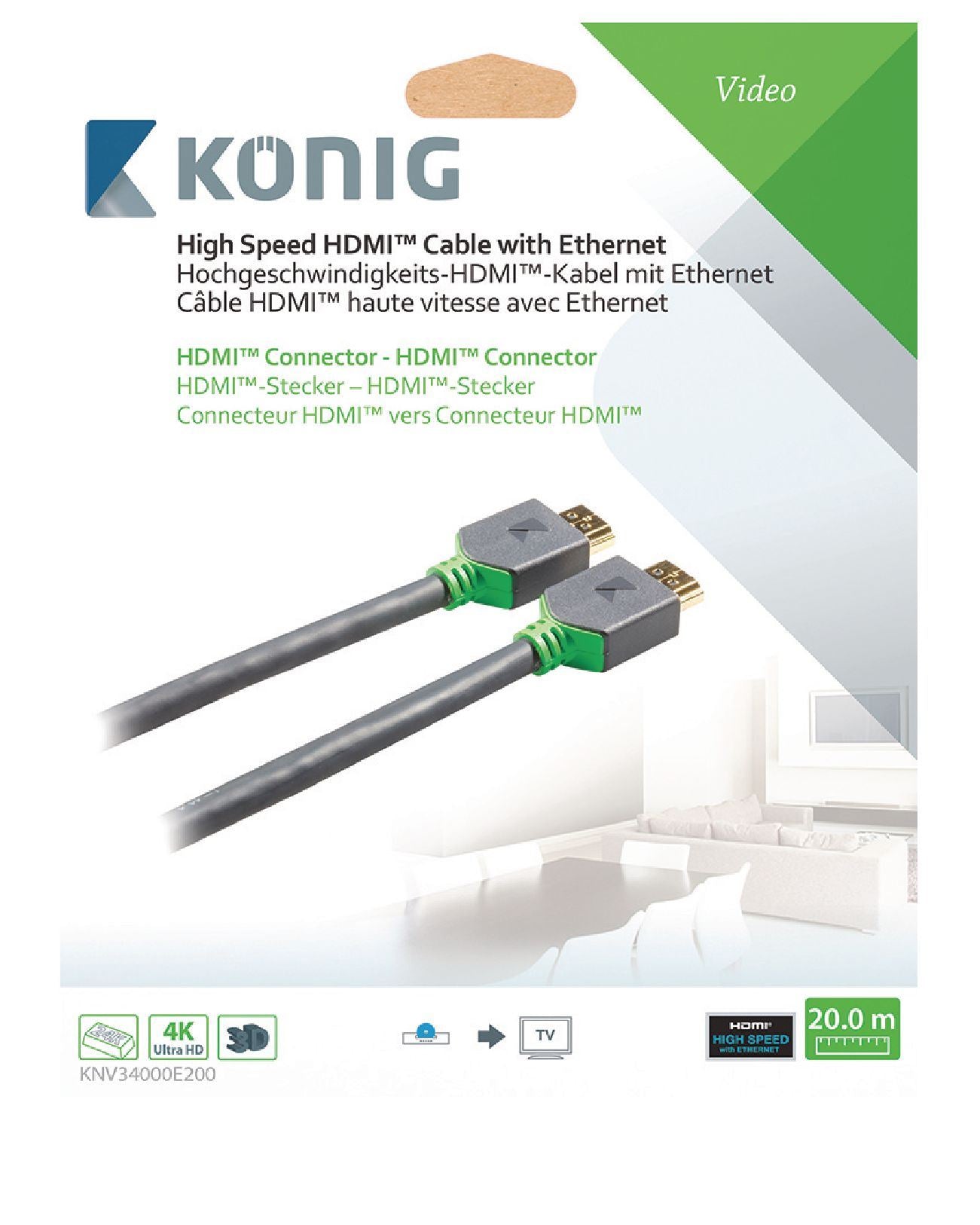 Konig 20m High Speed HDMI Cable Grey for LCD/LED/OLED/PLASMA TV