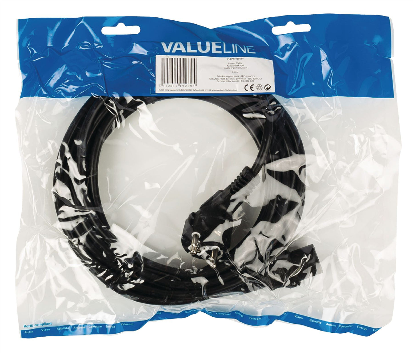 Valueline Power cable Schuko angled male to IEC-320-C13 5m black