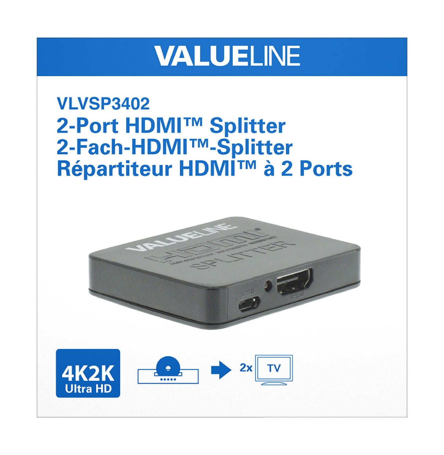 Valueline 2-port HDMI splitter HDMI input to 2x HDMI output black