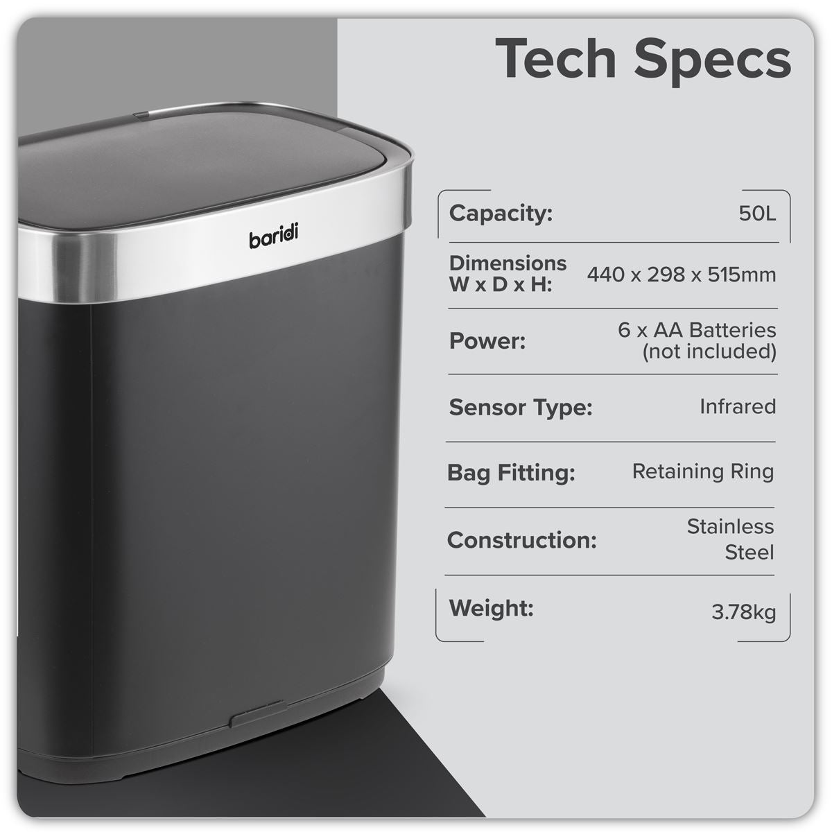 Baridi Sensor Bin 50L - Black/Stainless Steel DH281