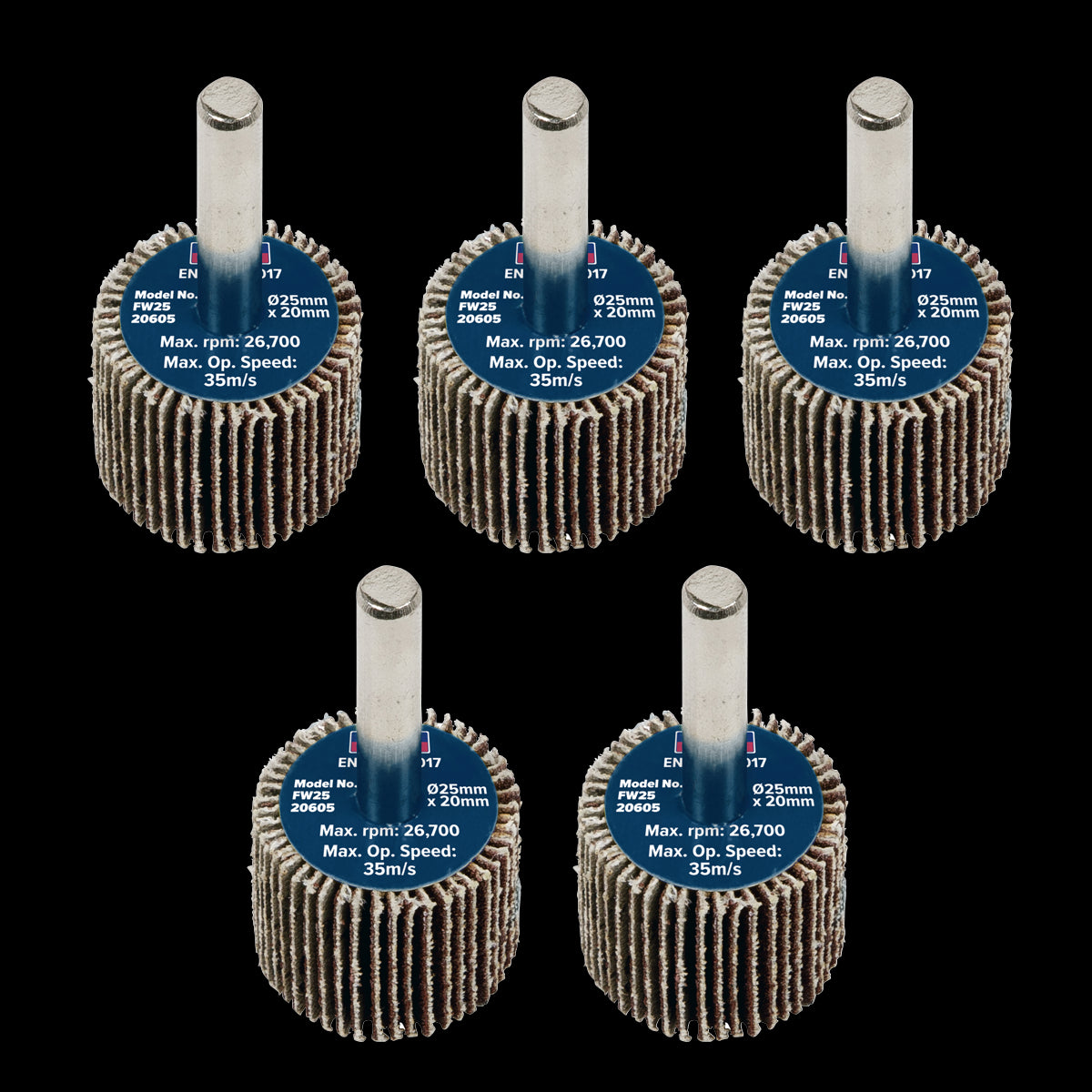 Sealey Flap Wheel 25 x 20mm 6mm Shaft 60Grit - Pack of 5 FW2520605