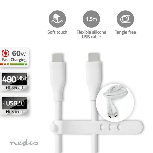 USB Cable USB2.0 USB-C Male USB-C Male 60W 480Mbps Nickel  1.5m Silicone White