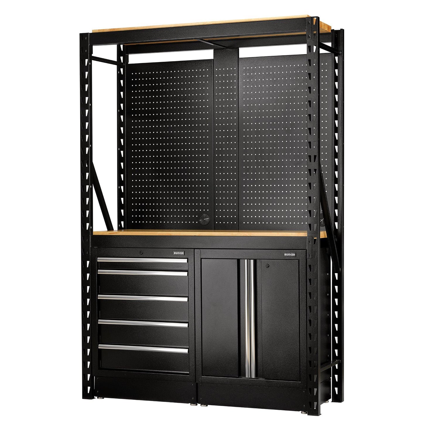 Draper BUNKER 15 Piece Modular Storage Combo 2 Tier Racking with Hardwood Shelving, Pegboards and Floor Cabinets, 1500mm