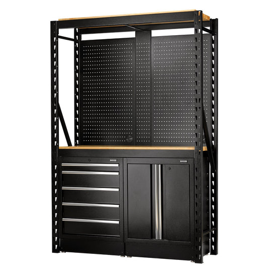 Draper BUNKER 15 Piece Modular Storage Combo 2 Tier Racking with Hardwood Shelving, Pegboards and Floor Cabinets, 1500mm