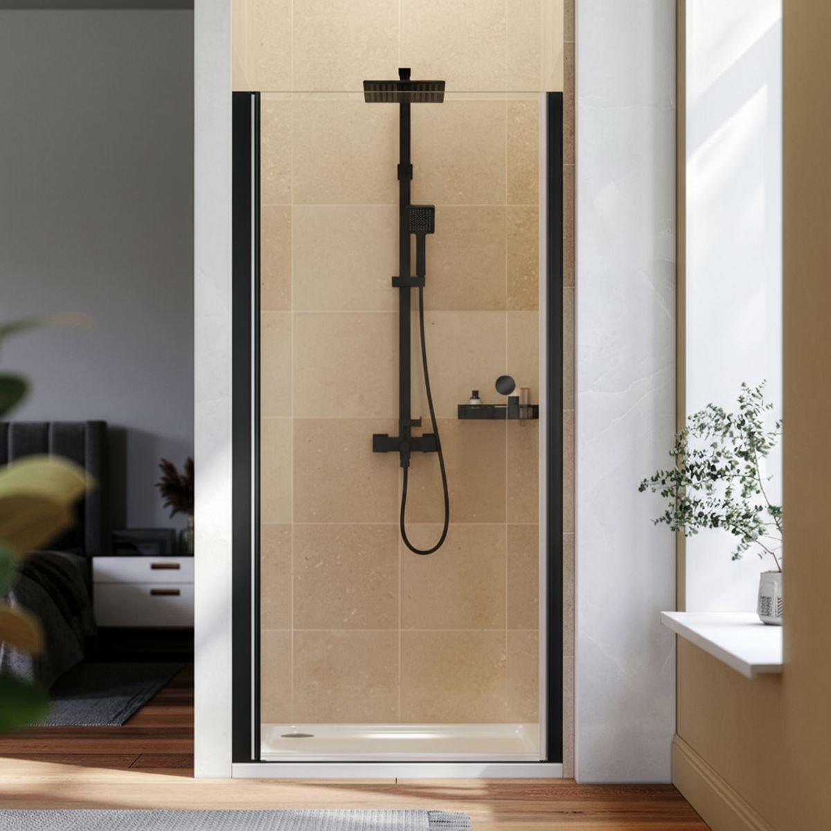 Baridi Pivot Shower Door 800 x 1850mm, 6mm Tempered Glass, Reversible - Black