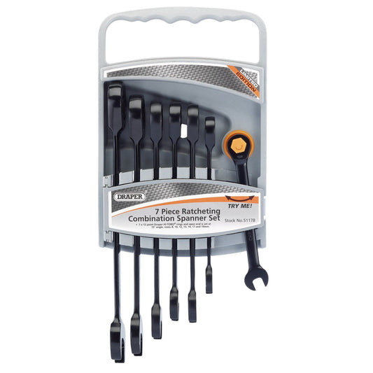 Draper Hi-Torque Metric Ratcheting Combination Spanner Black Set of 7 Pcs 51178