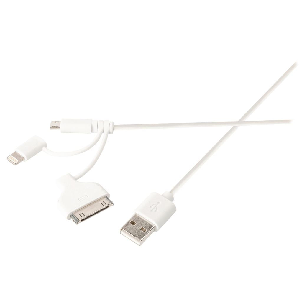 Sweex 3 in 1 sync and charge cable USB 2A male to Micro B male + Lightning adapter + 30-pin dock adapter 1m white