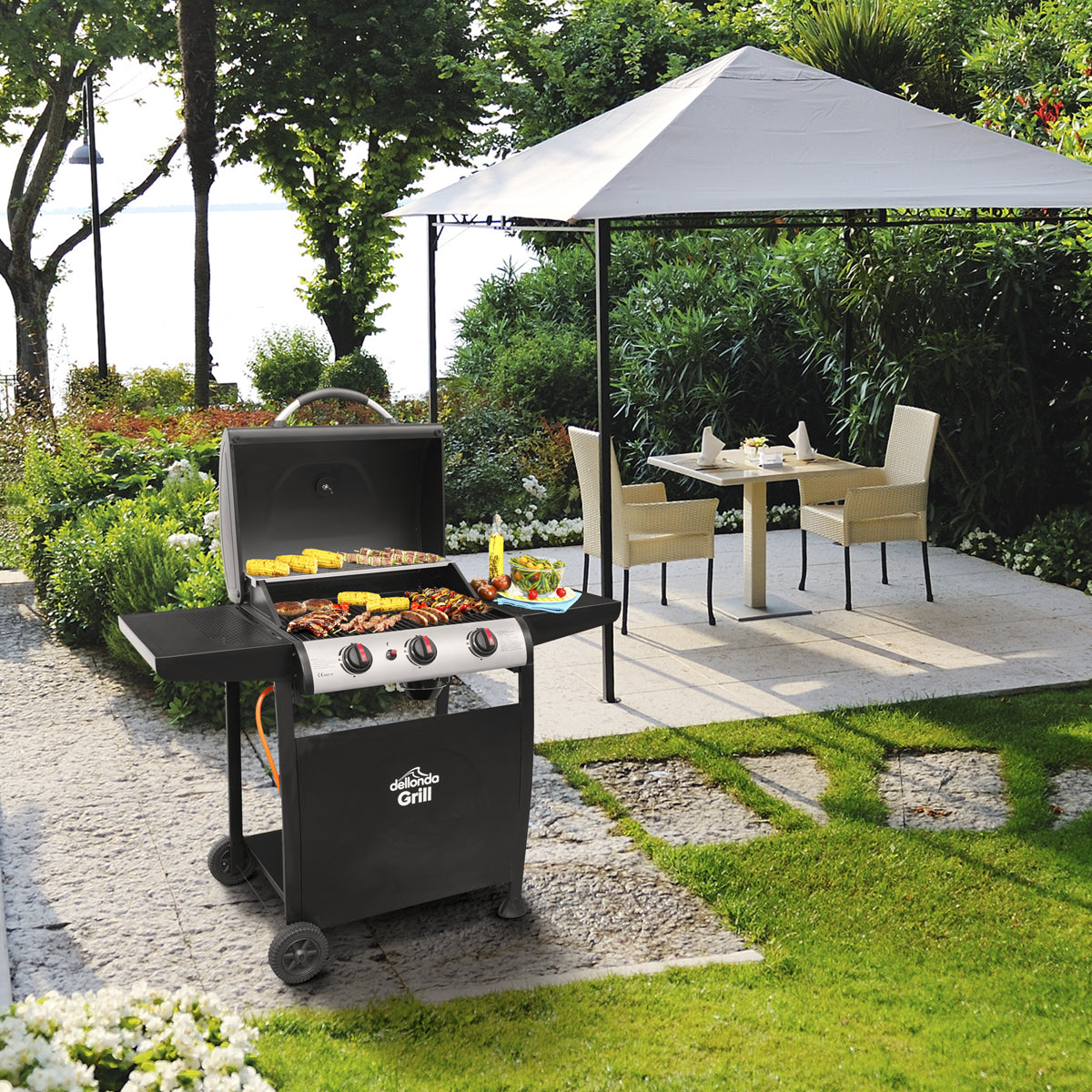 Dellonda 3 Burner Gas BBQ Grill, Ignition, Thermometer, Black/Stainless Steel DG14