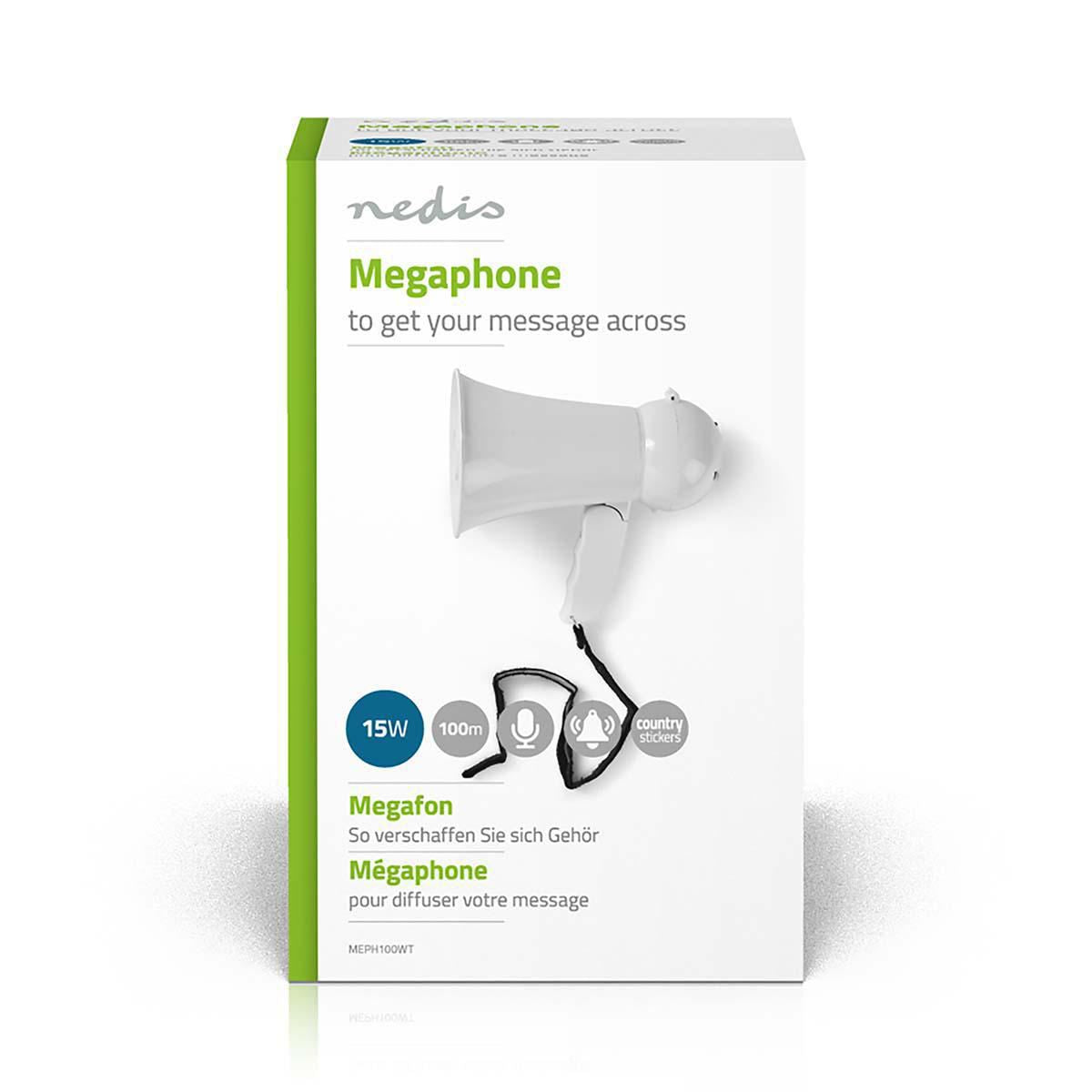 Nedis Megaphone 15W 100m Range Built-in Microphone White MEPH100WT