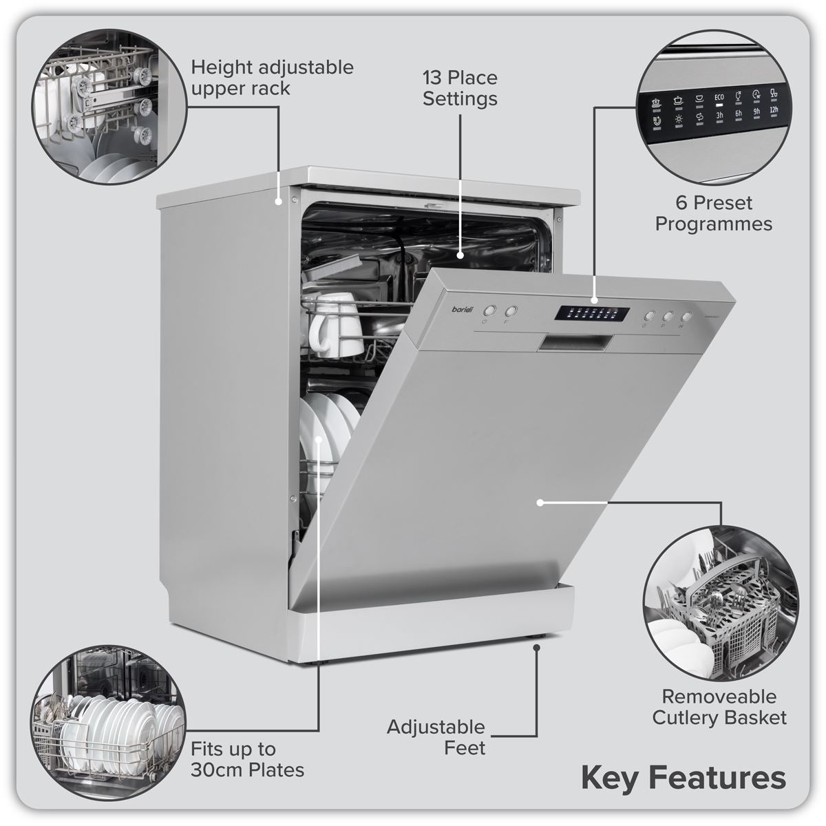 Baridi Freestanding Dishwasher 60cm Wide 13 Place Settings - Silver DH280