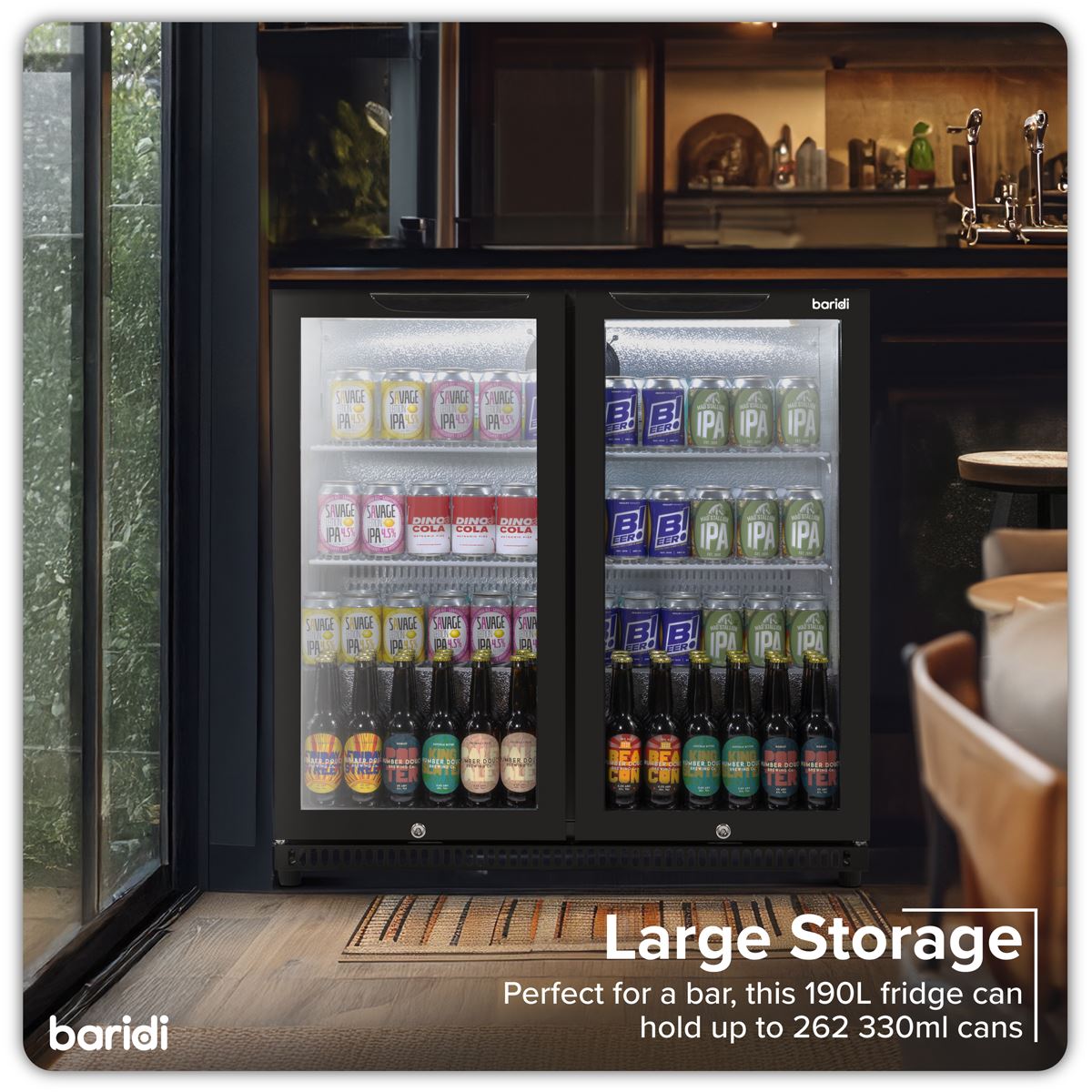 Baridi Hinged Double Door, Back Bar Drinks Fridge/Cooler, 190L Capacity DH272