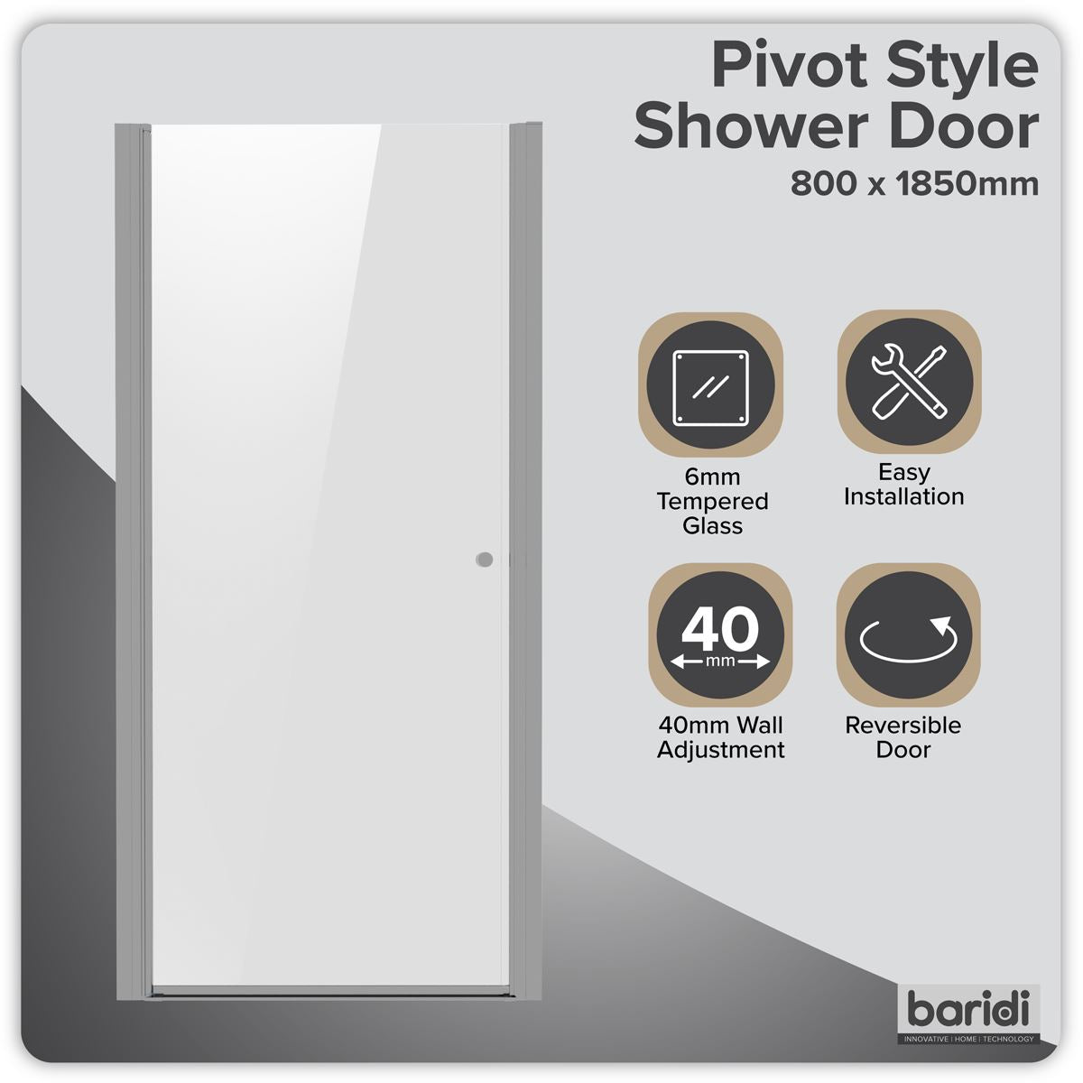 Baridi Pivot Shower Door 800 x 1850mm, 6mm Tempered Glass, Reversible - Chrome DH303