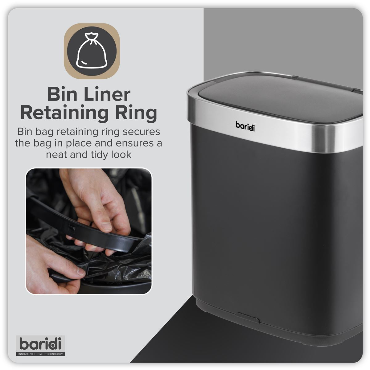 Baridi Sensor Bin 50L - Black/Stainless Steel DH281