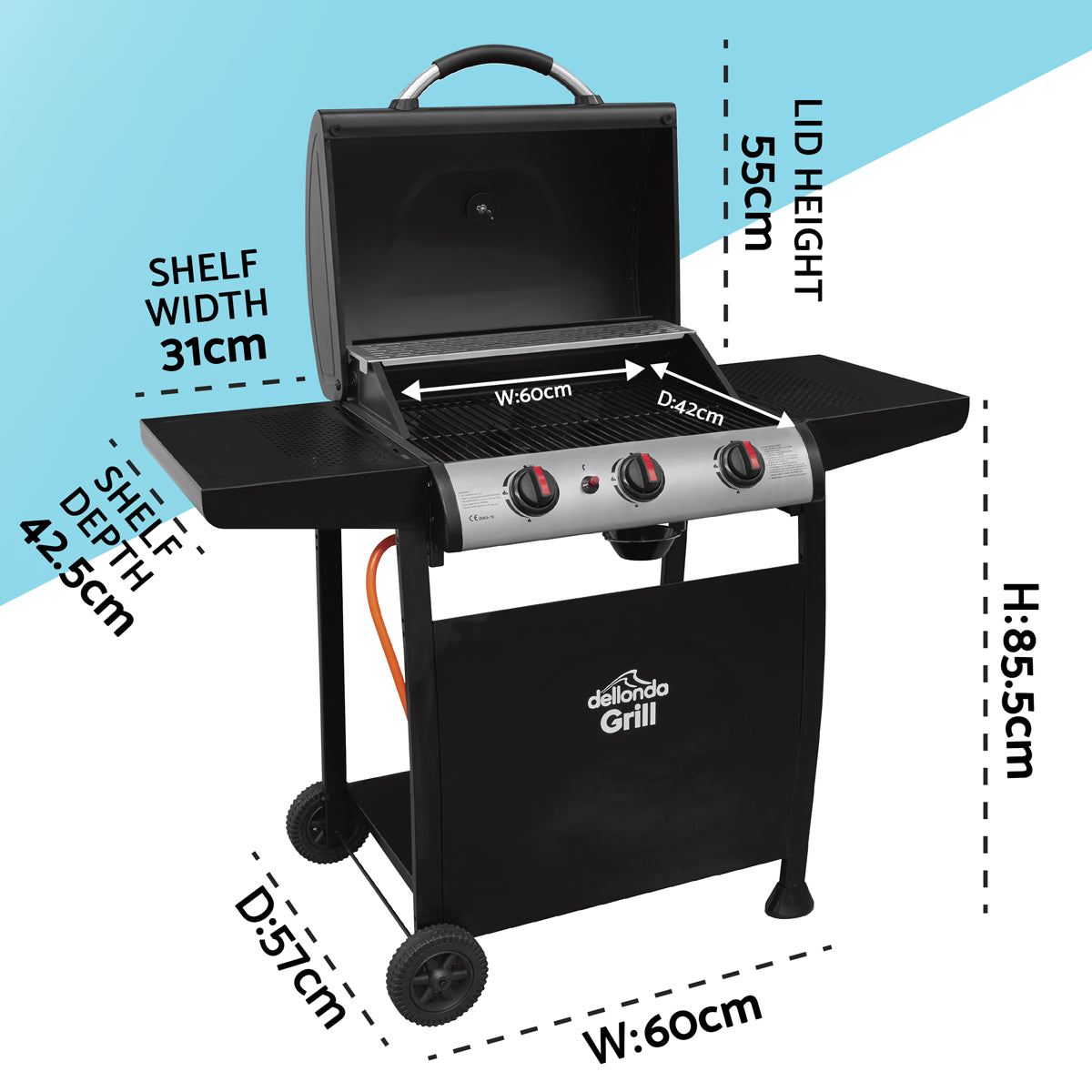Dellonda 3 Burner Gas BBQ Grill, Ignition, Thermometer, Black/Stainless Steel DG14