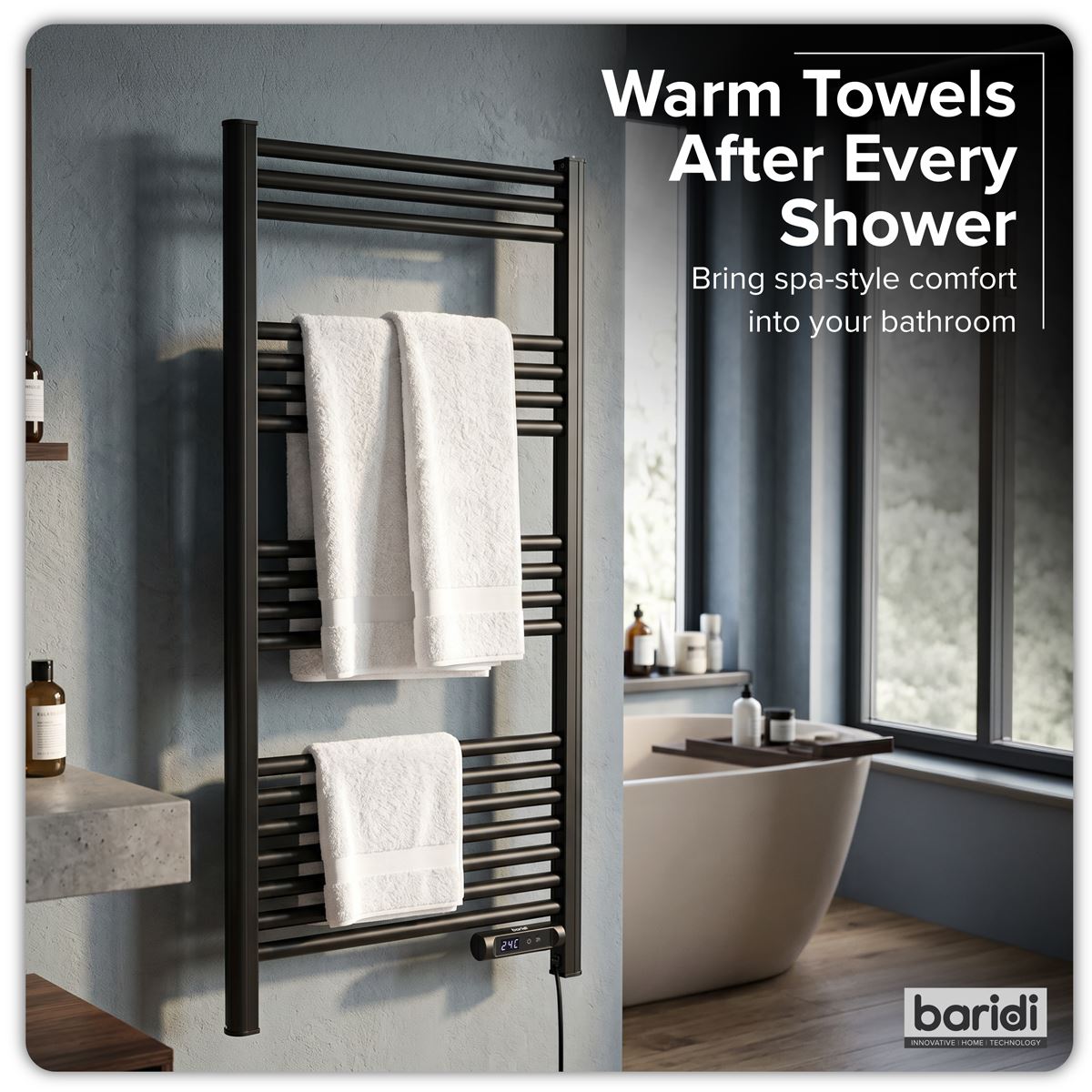 Baridi Electric Heated Towel Rail 1085 x 535mm with LED Display � Black DH371
