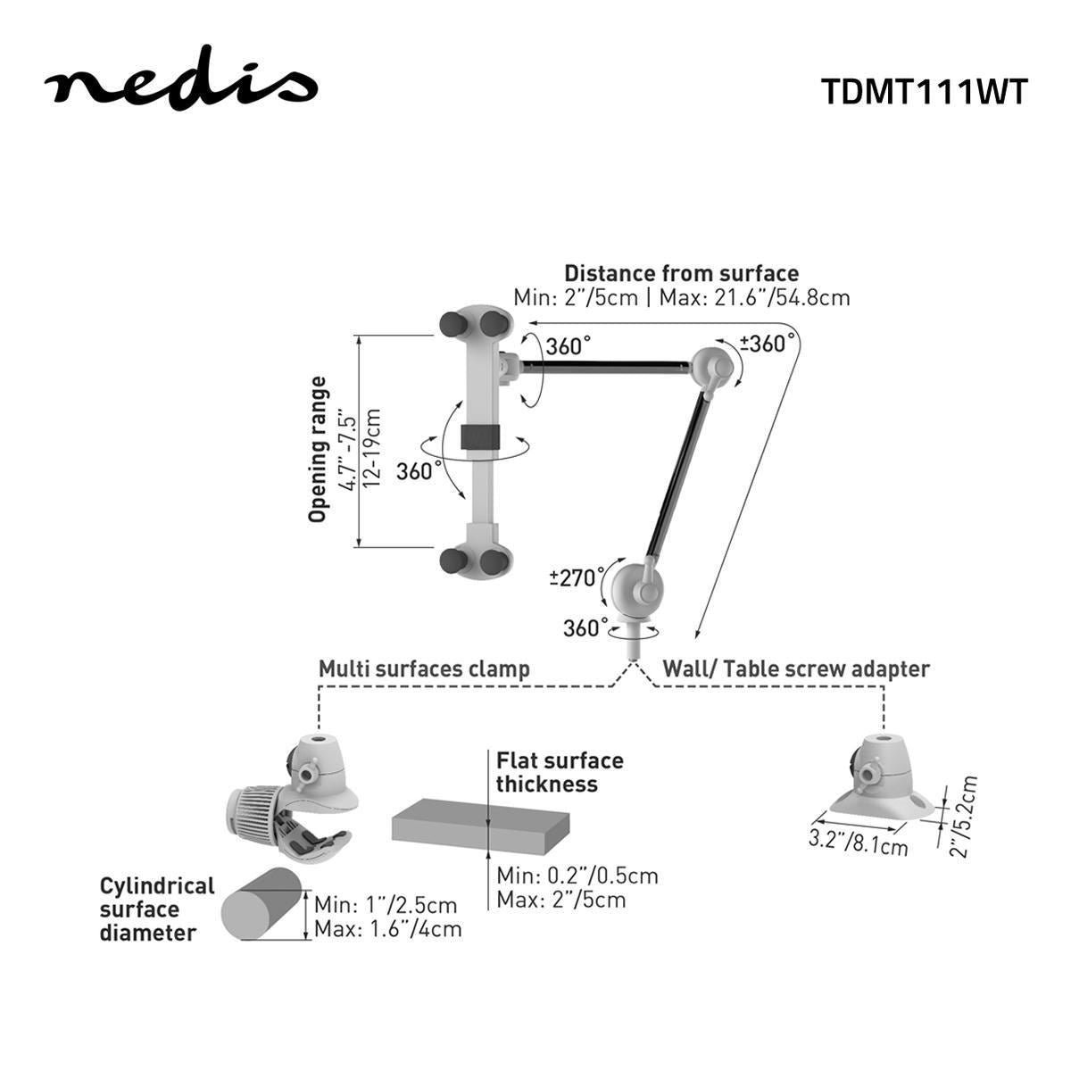 Nedis Tablet and Smartphone Mount Foldable Arm 4 to 12" Full Motion - TDMT111WT