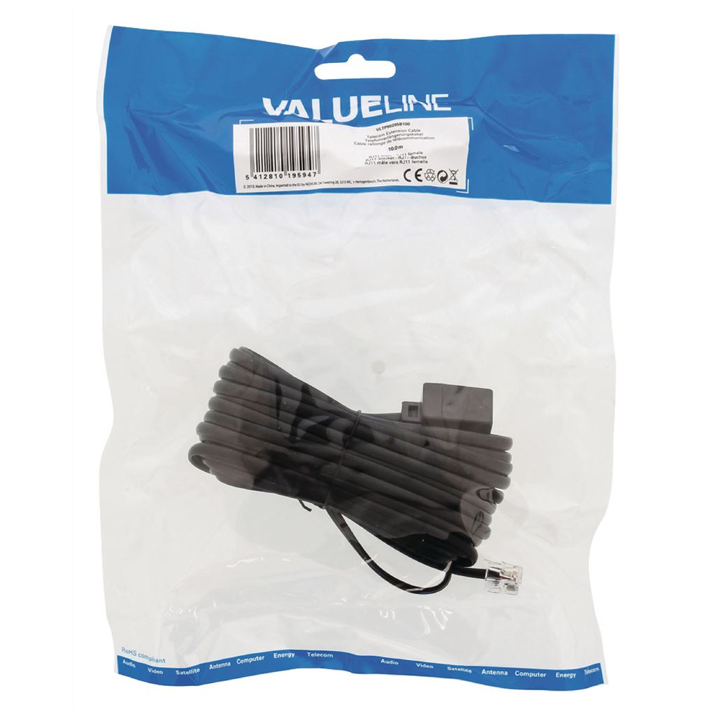 Valueline Telecom extension cable RJ11 male to RJ11 female 10m black - TCGP90205BK100