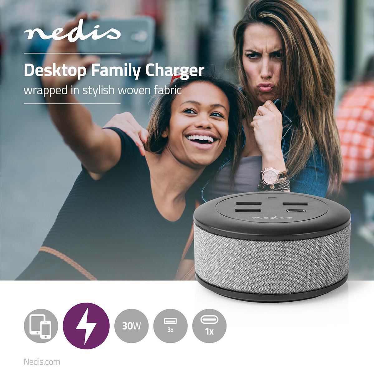 Nedis Fabric Desktop Family Charger 3x USB 2.1 A (Max.) 1x USB-C 30W PD Grey