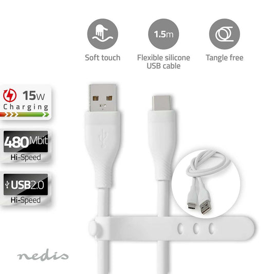 USB Cable USB2.0 USB-A Male USB-C Male 15W 480Mbps Nickel  1.5m Silicone White