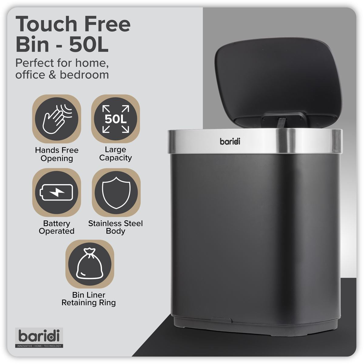 Baridi Sensor Bin 50L - Black/Stainless Steel DH281