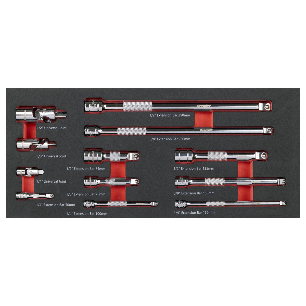 Sealey Premier Wobble Extension Bar Set & Tool Tray 1/4", 3/8" & 1/2"Sq Dr 12pc