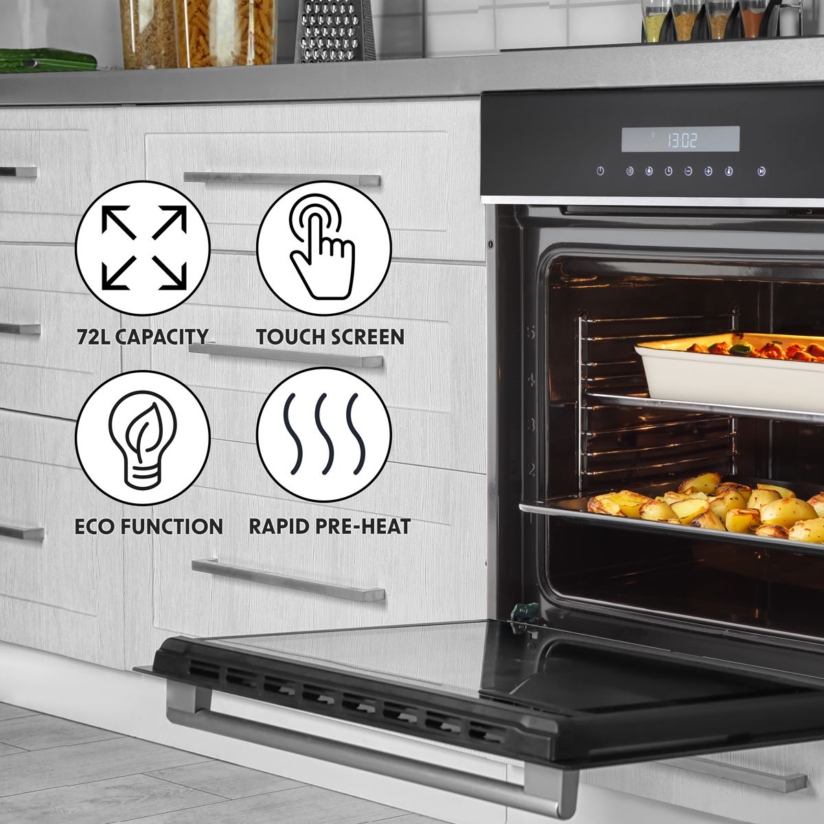 Sealey Baridi 60cm Built-In Fan Assisted, Single, Integrated 10 Function Electric Oven, Touchscreen Controls, 72L Capacity, Black/Stainless Steel DH200