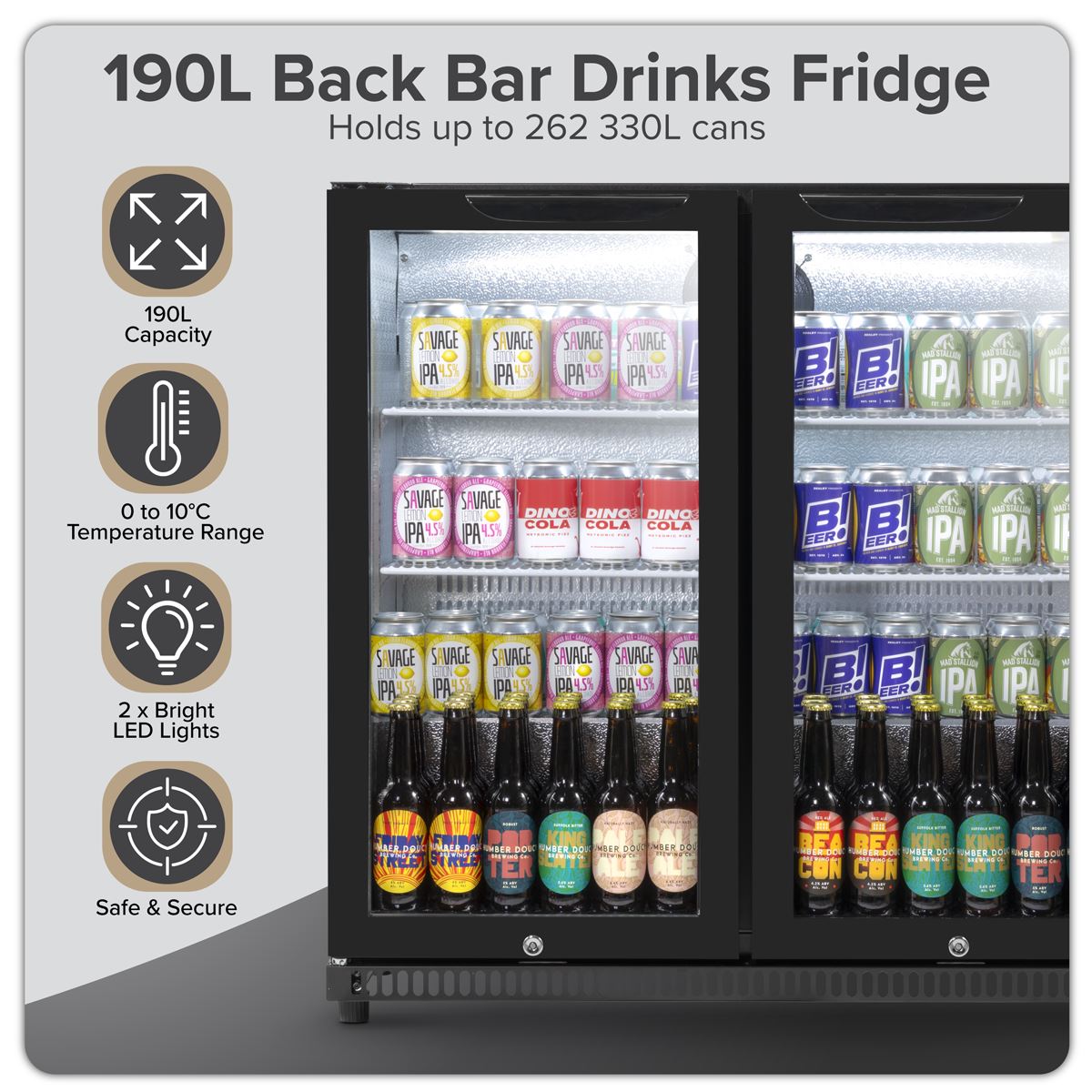 Baridi Hinged Double Door, Back Bar Drinks Fridge/Cooler, 190L Capacity DH272