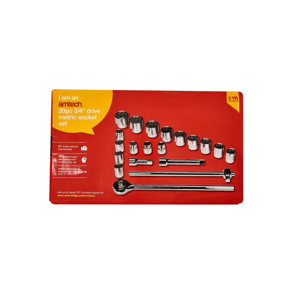 Amtech 20 Piece 3/4" Socket Set Drive Rachet Handle T Bar Extension 19mm - 50mm - I0950