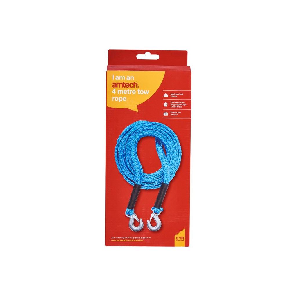 Amtech 4m Tow Rope 2000Kg Max Load Tough Forged Steel Hooks Ultra Strong+Flag - J0103