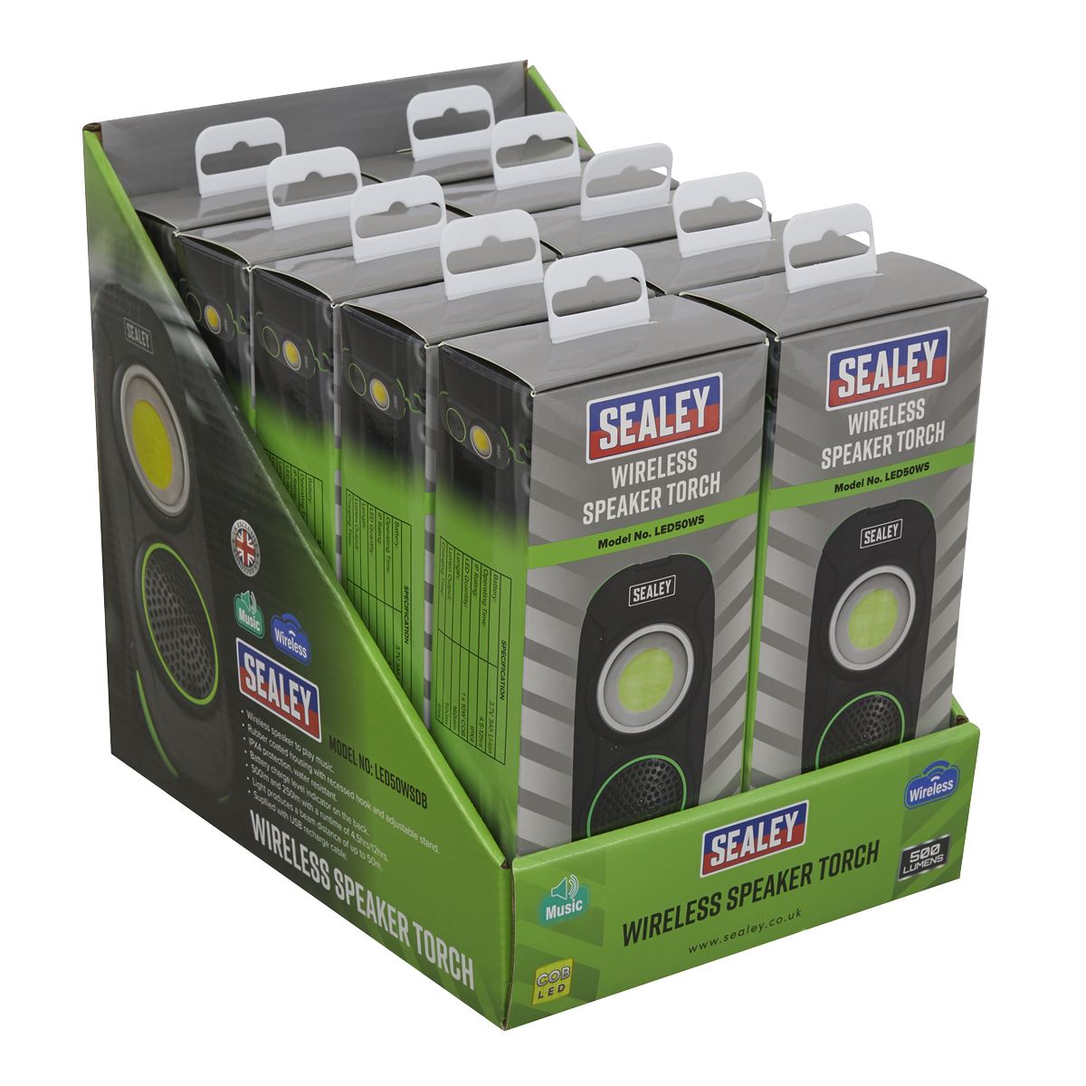 Sealey R/Charge Torch Wireless Speaker 10W COB LED-Disp. Box of 10 LED50WSDB
